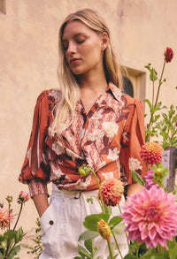 OnceWas Nerine cut-out sleeve print shirt in Amber Vine