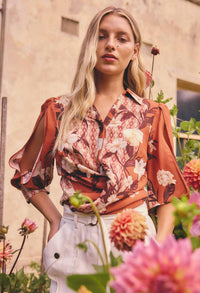 OnceWas Nerine viscose faille print shirt in Amber Vine