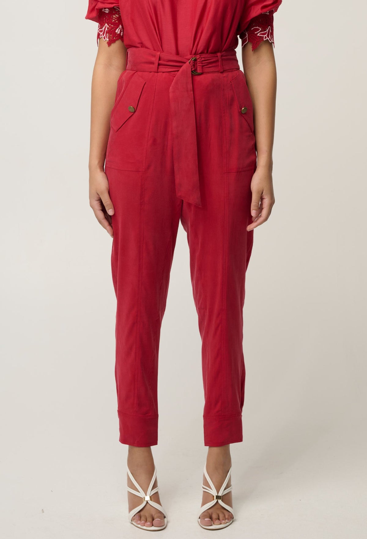 OnceWas Trinidad Button Cuff Pant in Dahlia Red