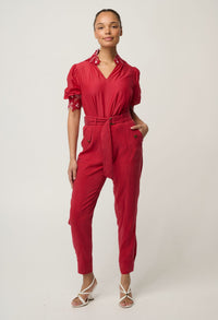OnceWas Trinidad Button Cuff Pant in Dahlia Red