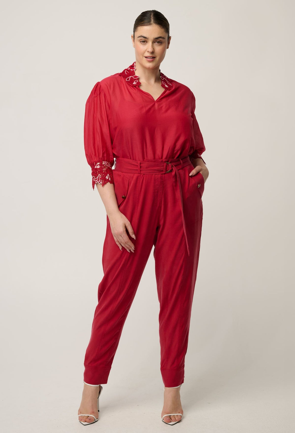OnceWas Trinidad Button Cuff Pant in Dahlia Red