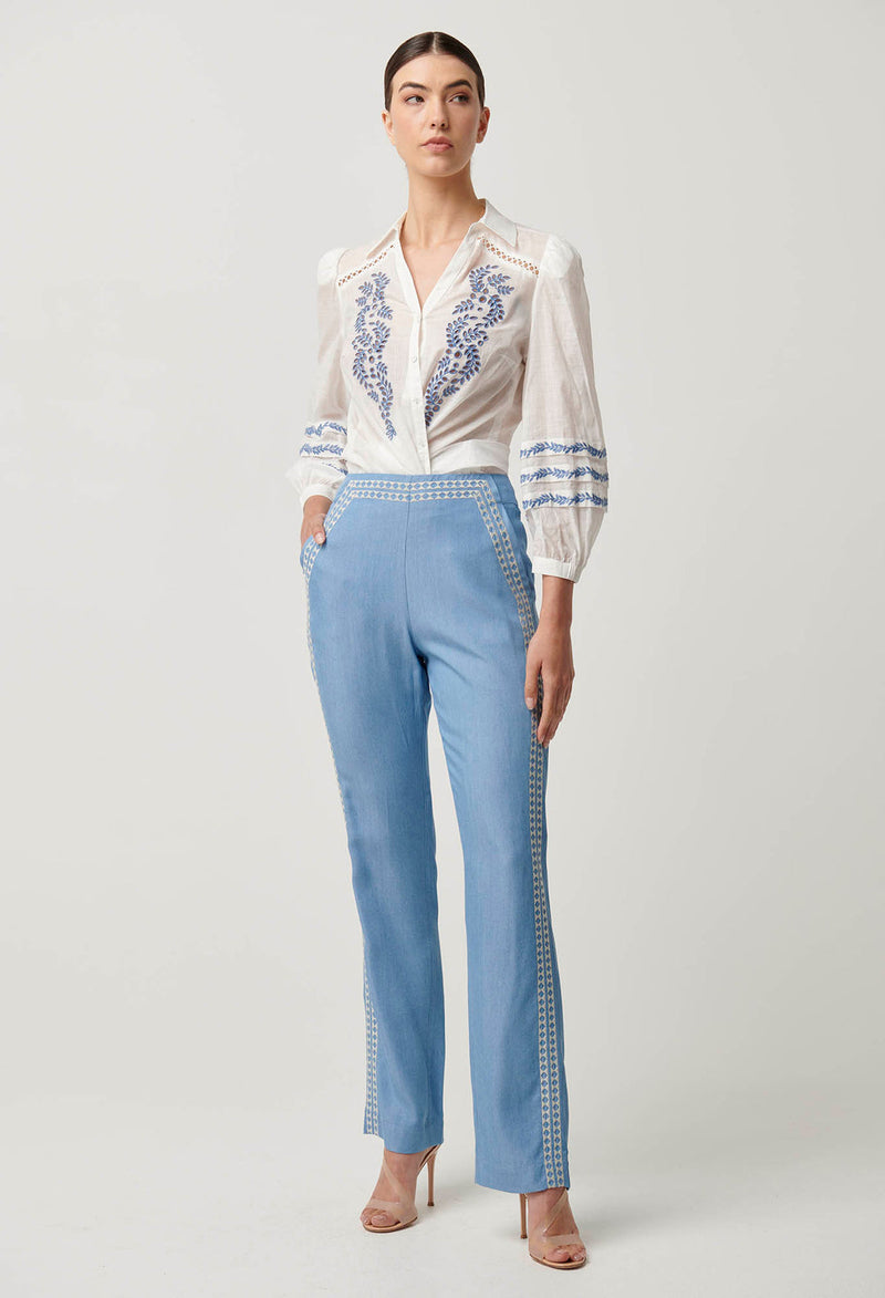 Once Was - Fleurine Embroidered Cotton Slub Shirt in Milk
