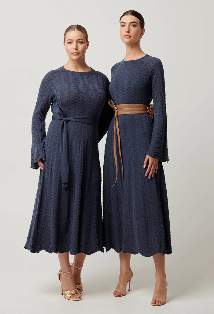 Once Was - Everett Cotton Lyocell Wave Knit Midi Dress in Bluestone