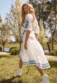 Once Was - Gabriette Embroidered Cotton Slub Dress in Milk
