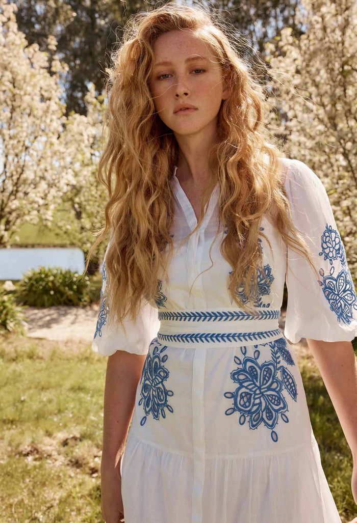Once Was - Gabriette Embroidered Cotton Slub Dress in Milk