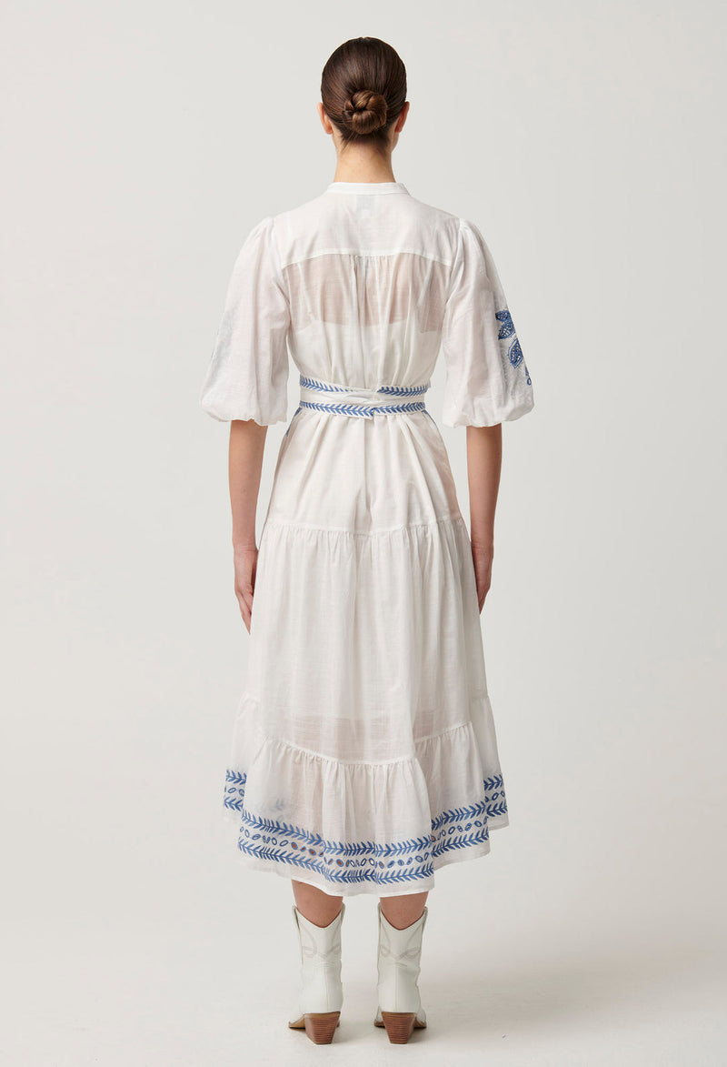 Once Was - Gabriette Embroidered Cotton Slub Dress in Milk