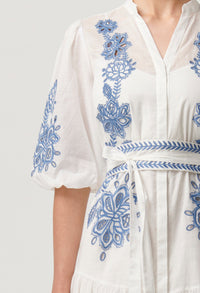 Once Was - Gabriette Embroidered Cotton Slub Dress in Milk