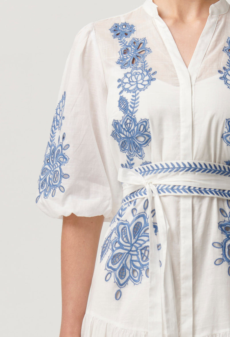 Once Was - Gabriette Embroidered Cotton Slub Dress in Milk