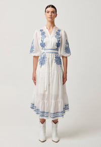 Once Was - Gabriette Embroidered Cotton Slub Dress in Milk