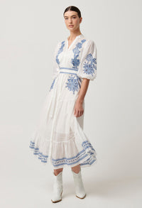Once Was - Gabriette Embroidered Cotton Slub Dress in Milk