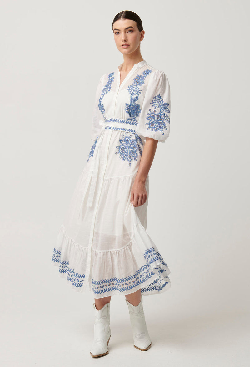 Once Was - Gabriette Embroidered Cotton Slub Dress in Milk