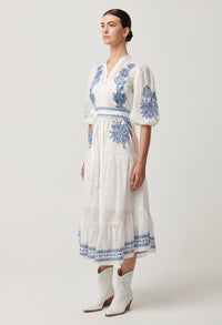 Once Was - Gabriette Embroidered Cotton Slub Dress in Milk