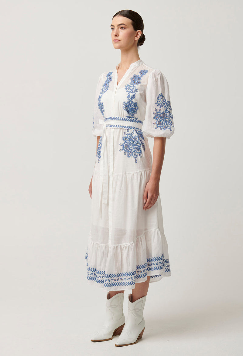 Once Was - Gabriette Embroidered Cotton Slub Dress in Milk