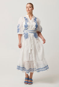 Once Was - Gabriette Embroidered Cotton Slub Dress in Milk