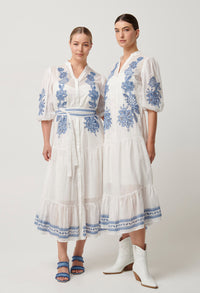 Once Was - Gabriette Embroidered Cotton Slub Dress in Milk