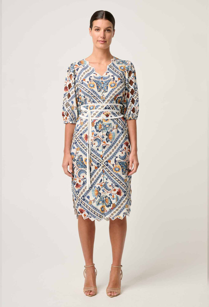 Once Was - Theia Viscose Scallop Embroidered Dress in Petinos Floros