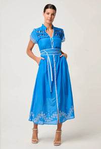 Once Was - Xanthia Diamond Smock Yoke Linen Viscose Dress - BLUE TOPAZ