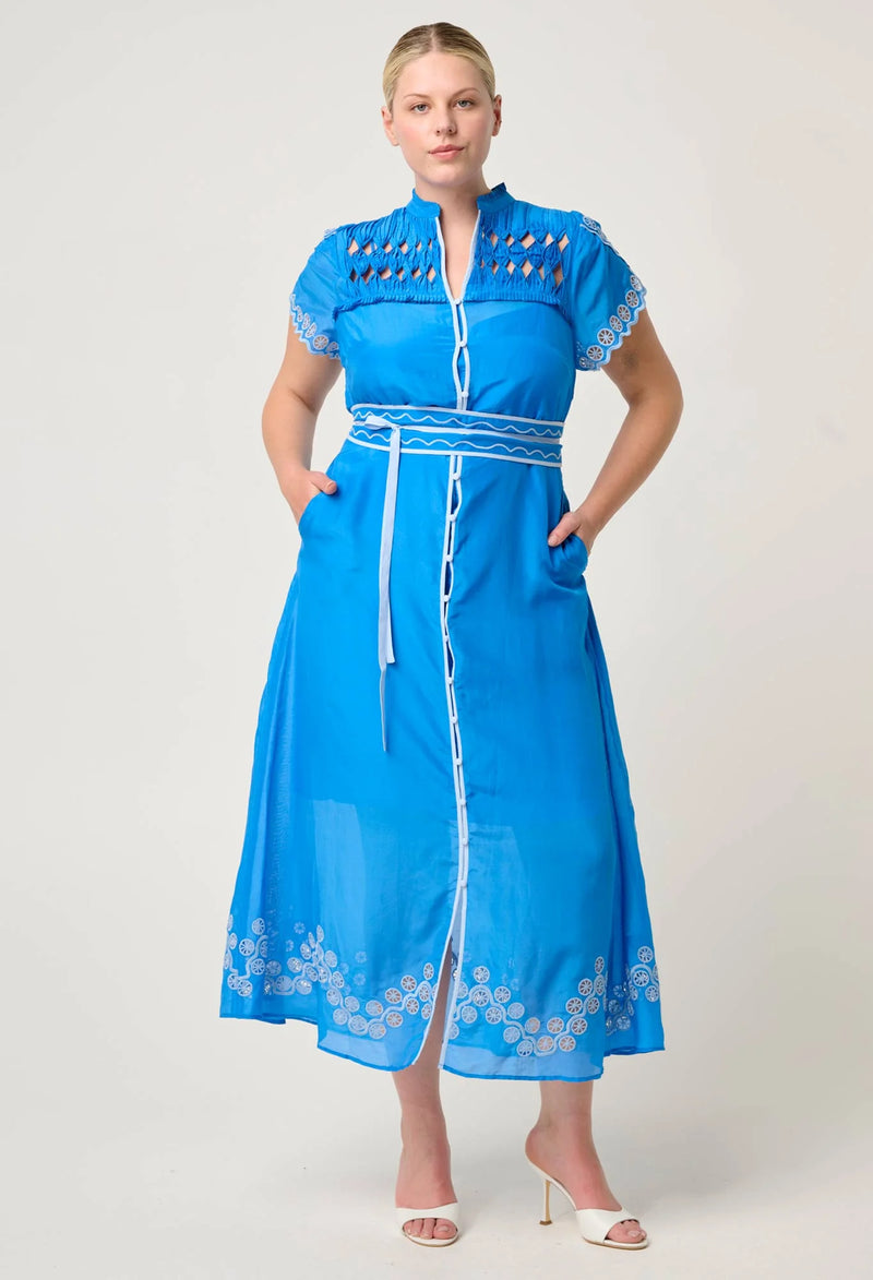Once Was - Xanthia Diamond Smock Yoke Linen Viscose Dress - BLUE TOPAZ