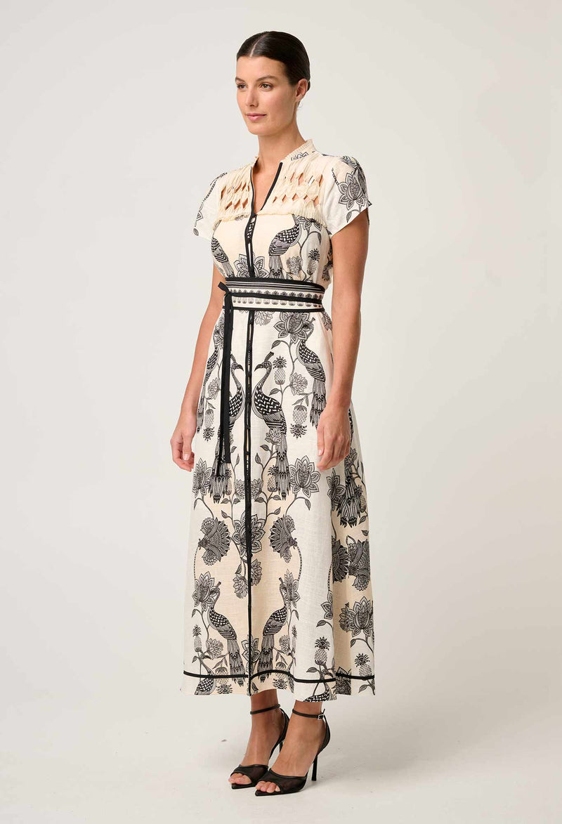 Once Was - Xanthia Diamond Smock Yoke Linen Viscose Dress - IMPERIAL STONE