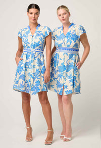 Once Was - Adriana Linen Viscose Embroidered Yoke Dress in Azure Mosaic