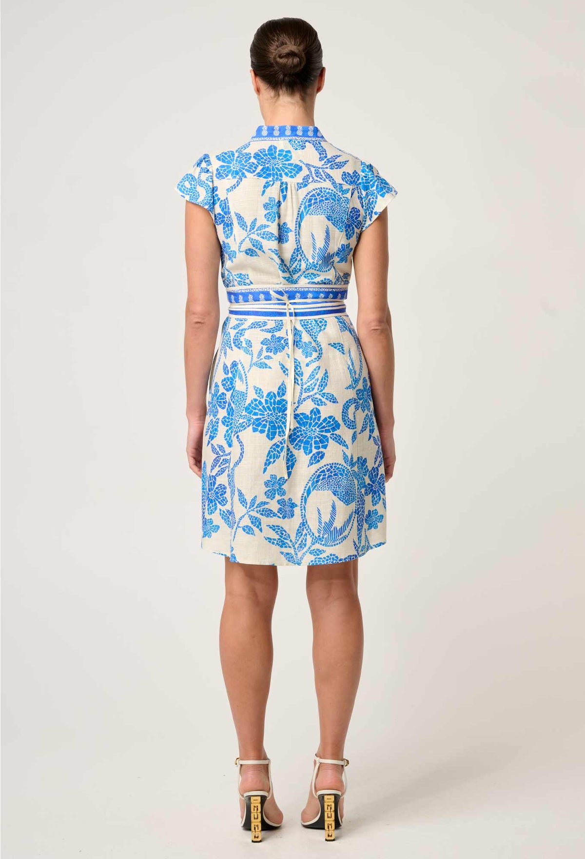 Once Was - Adriana Linen Viscose Embroidered Yoke Dress in Azure Mosaic