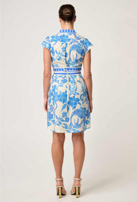 Once Was - Adriana Linen Viscose Embroidered Yoke Dress in Azure Mosaic