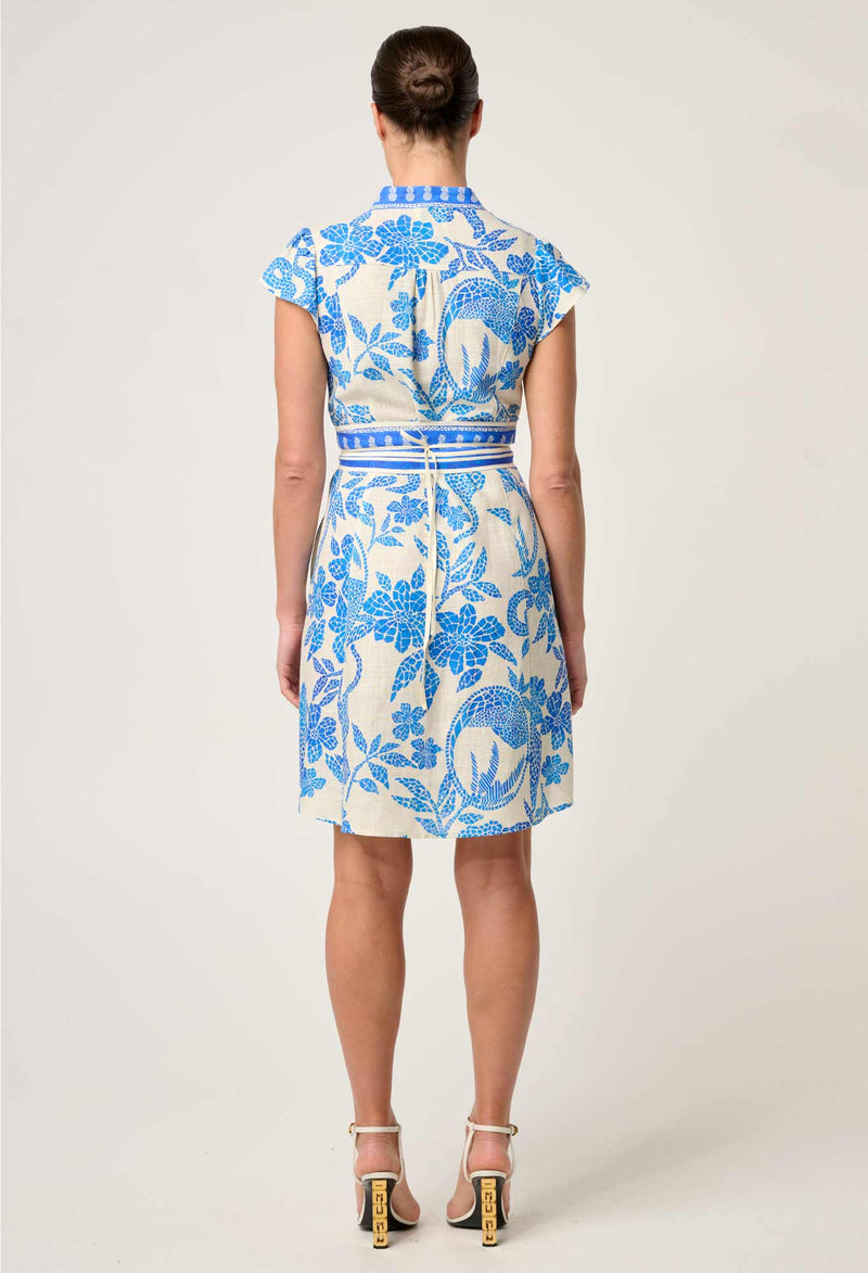 Once Was - Adriana Linen Viscose Embroidered Yoke Dress in Azure Mosaic