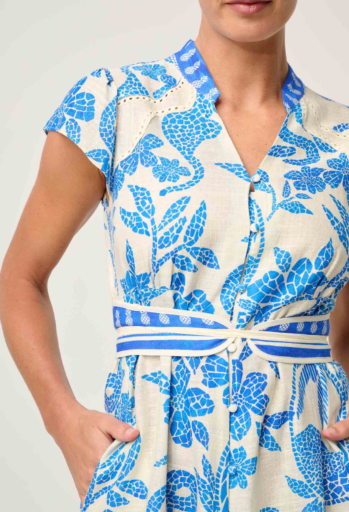 Once Was - Adriana Linen Viscose Embroidered Yoke Dress in Azure Mosaic