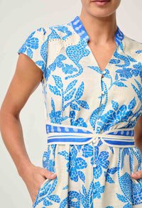 Once Was - Adriana Linen Viscose Embroidered Yoke Dress in Azure Mosaic