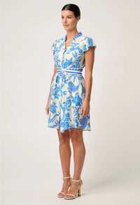 Once Was - Adriana Linen Viscose Embroidered Yoke Dress in Azure Mosaic