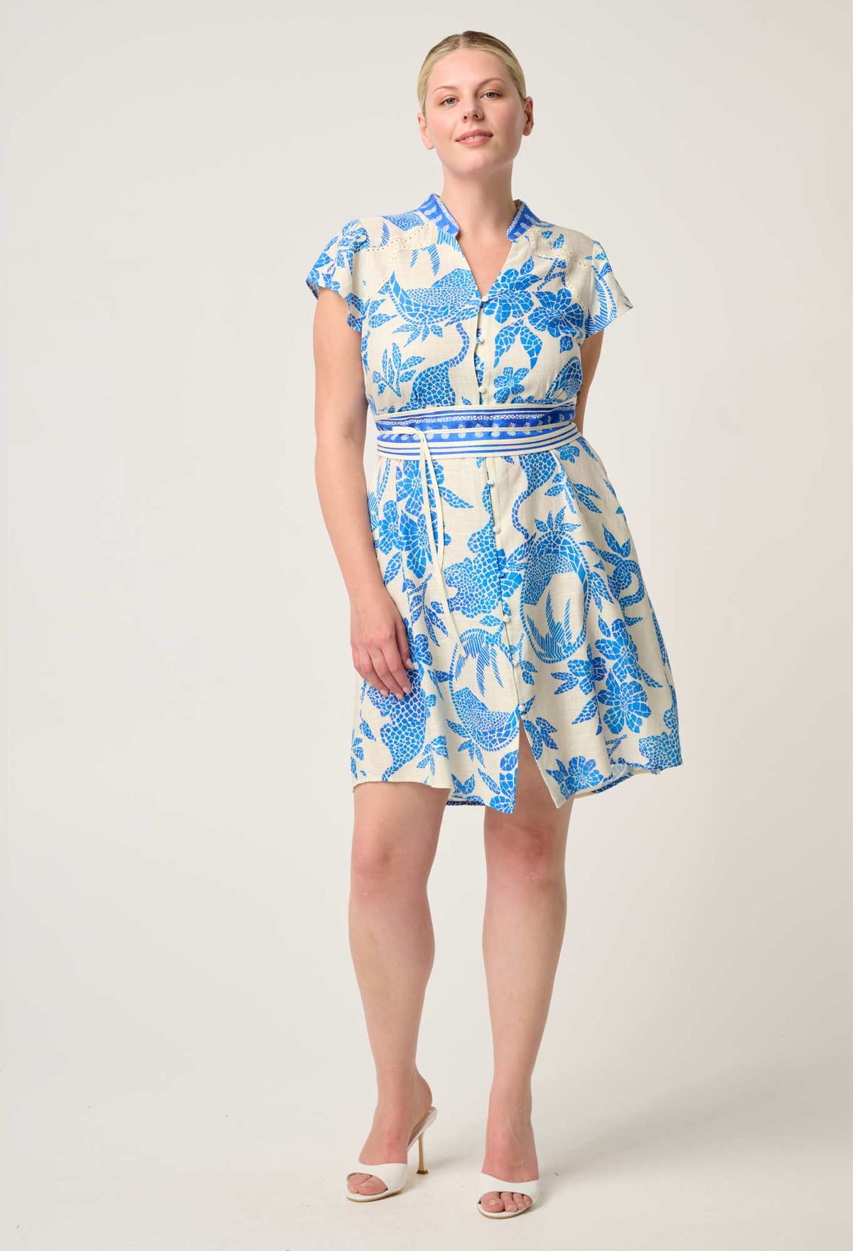 Once Was - Adriana Linen Viscose Embroidered Yoke Dress in Azure Mosaic