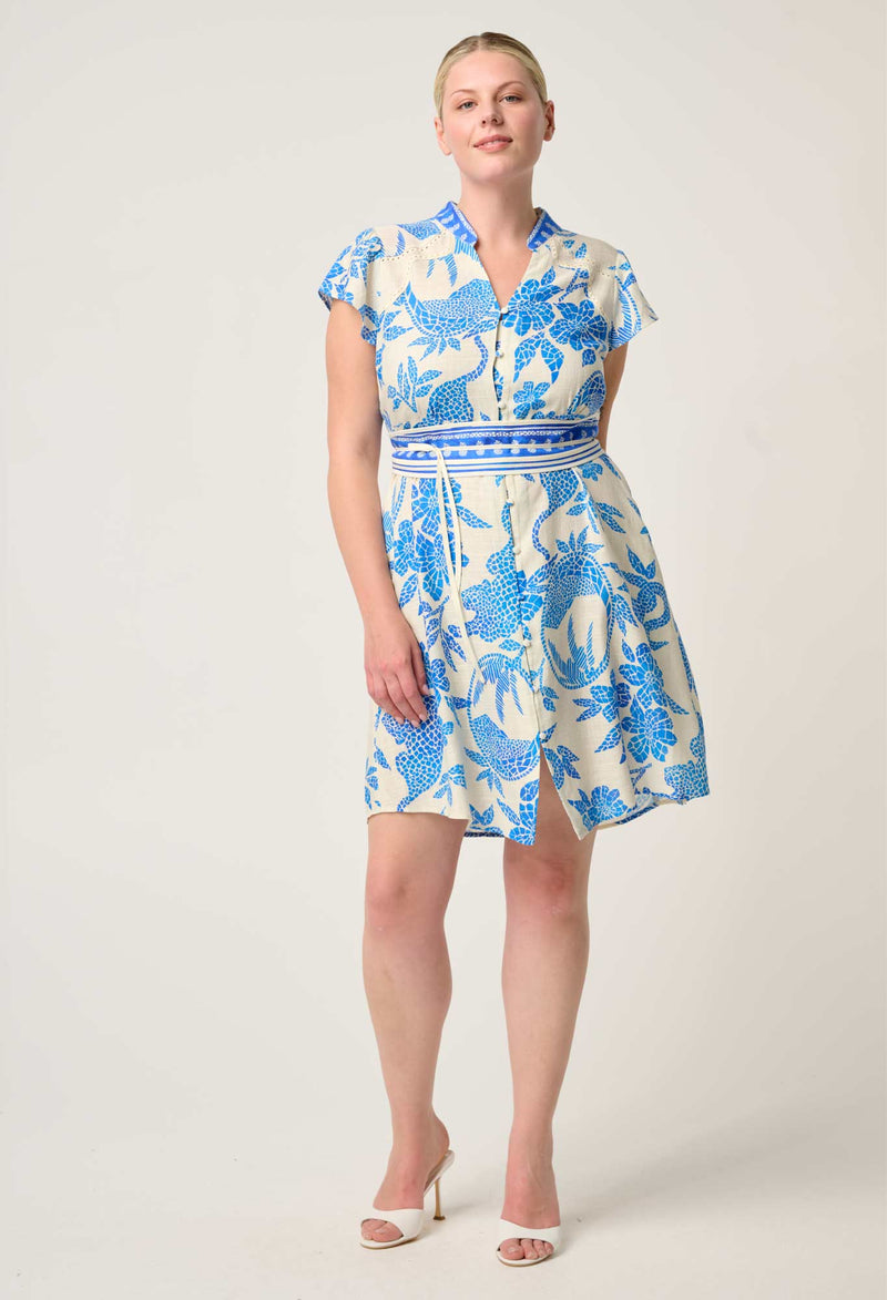 Once Was - Adriana Linen Viscose Embroidered Yoke Dress in Azure Mosaic