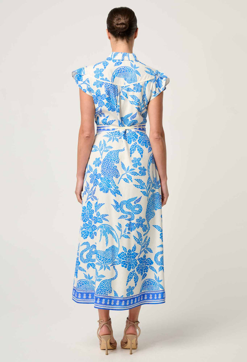 Once Was - Callista Viscose Dobby Petal Sleeve Dress in Azure Mosaic