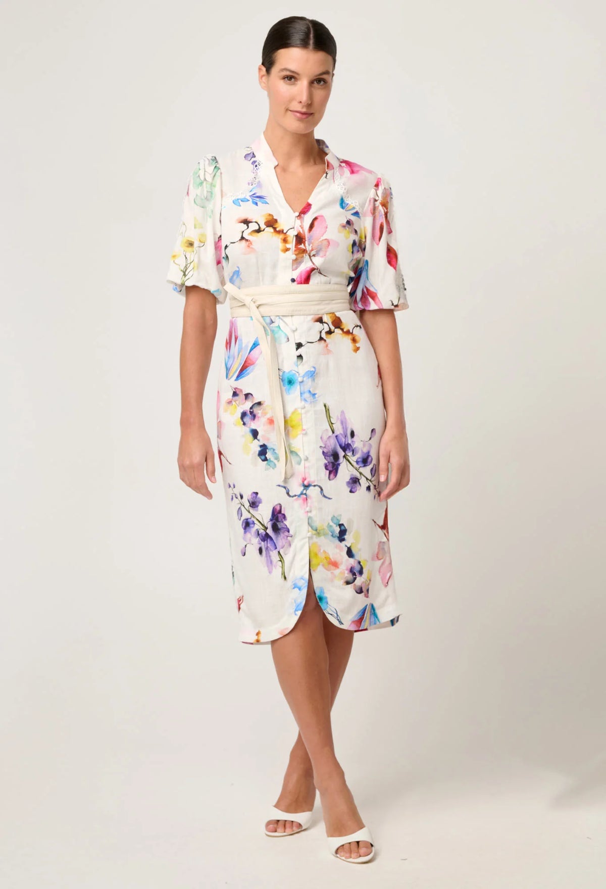 Once Was - Gaia Lace Trim Spliced Linen Viscose Dress - PLUME BLOSSOM
