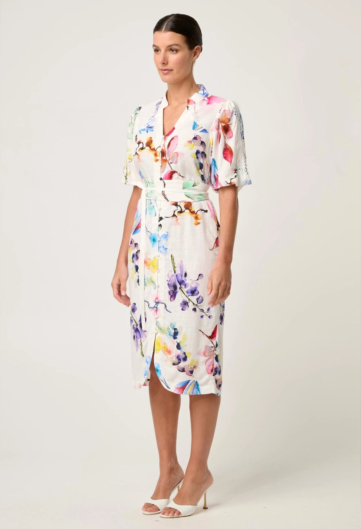 Once Was - Gaia Lace Trim Spliced Linen Viscose Dress - PLUME BLOSSOM