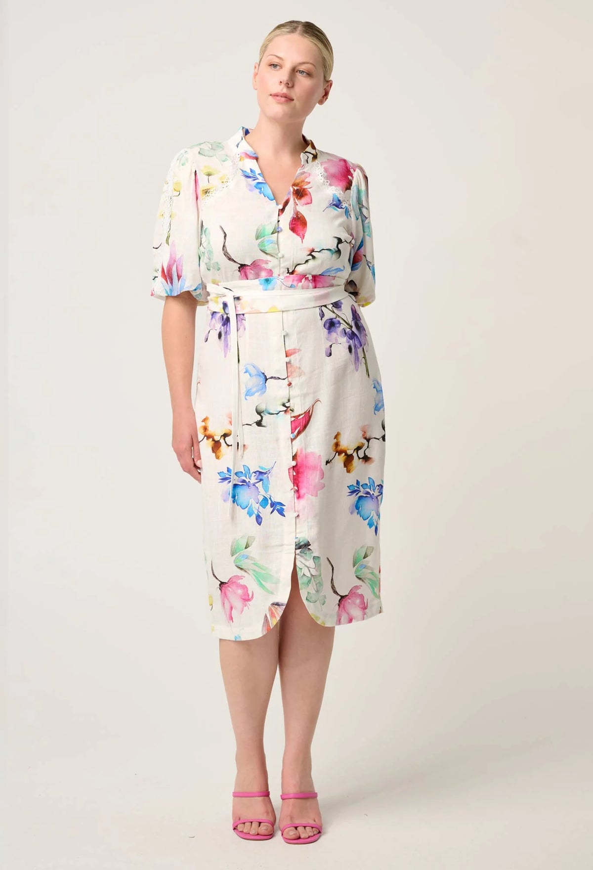Once Was - Gaia Lace Trim Spliced Linen Viscose Dress - PLUME BLOSSOM