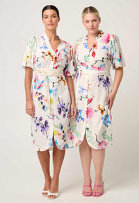 Once Was - Gaia Lace Trim Spliced Linen Viscose Dress - PLUME BLOSSOM