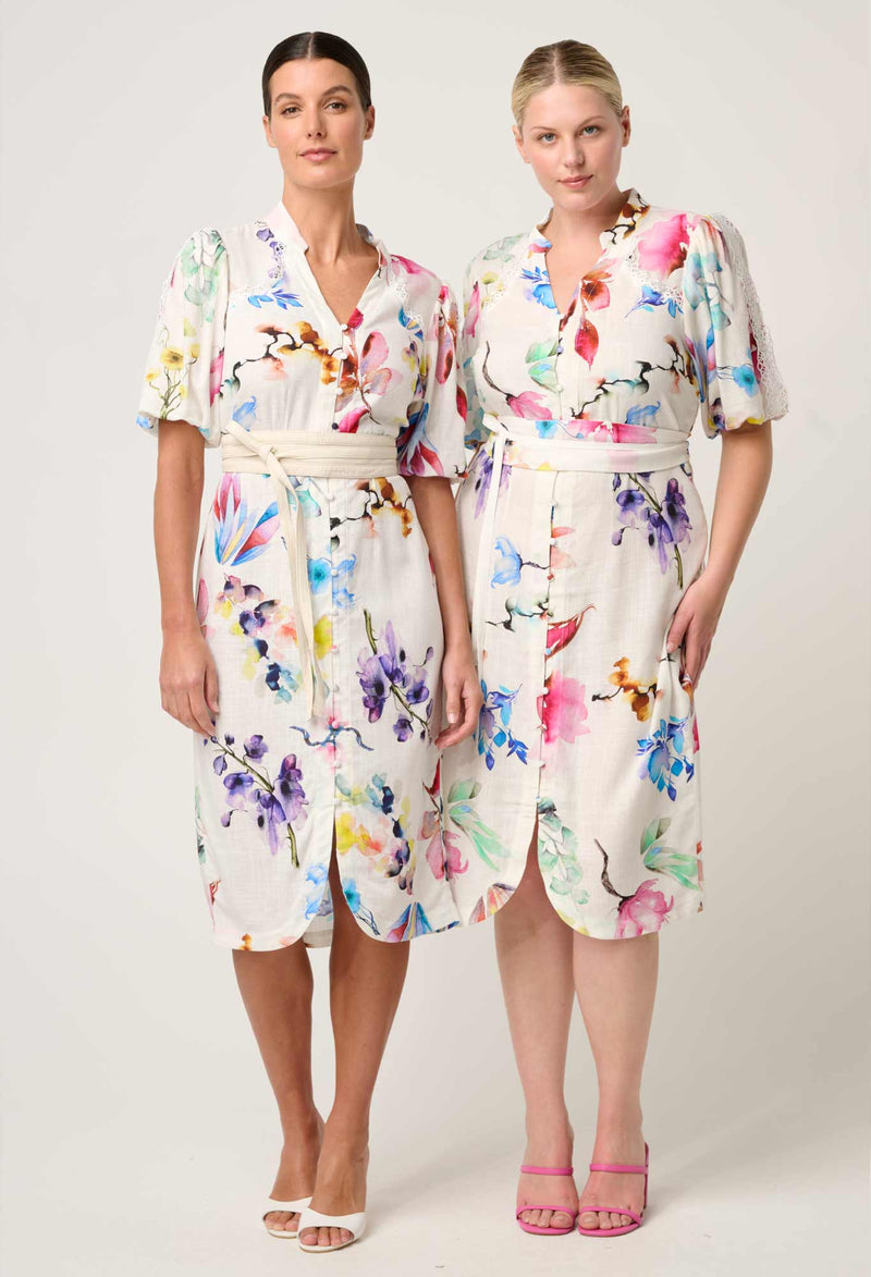 Once Was - Gaia Lace Trim Spliced Linen Viscose Dress - PLUME BLOSSOM