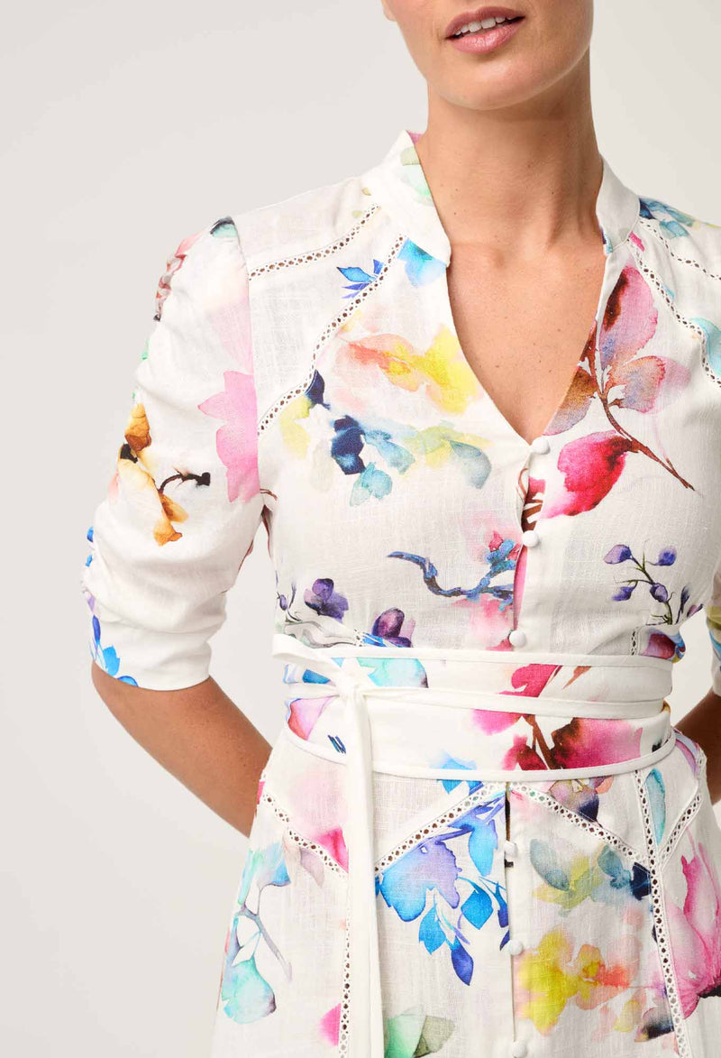 Once Was - Xenia Contrast Yolk Linen Viscose Dress - PLUME BLOSSOM