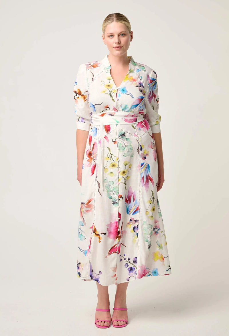 Once Was - Xenia Contrast Yolk Linen Viscose Dress - PLUME BLOSSOM