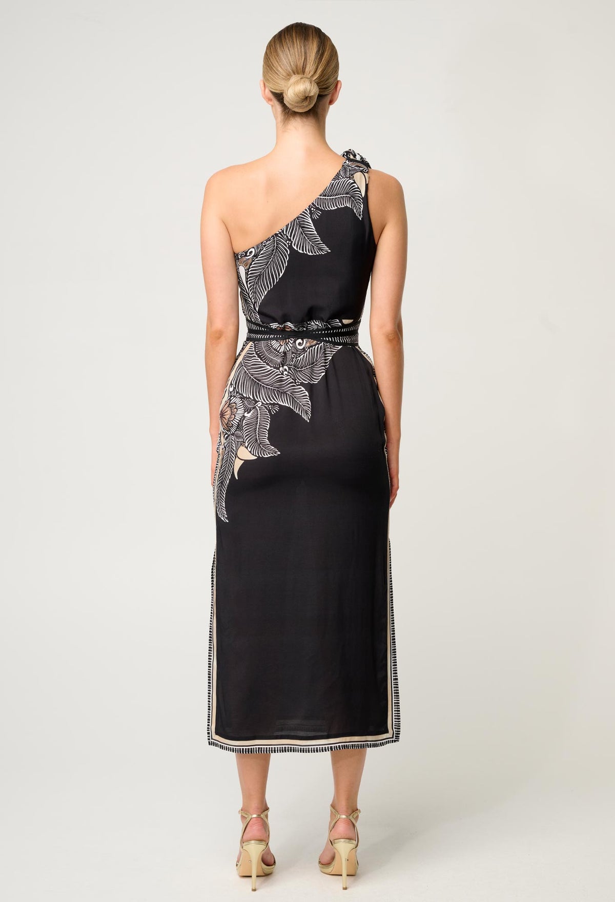 Once Was - Amira One Shoulder Linen Viscose Dress in Onyx Casablanca