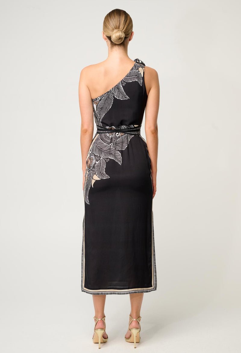 Once Was - Amira One Shoulder Linen Viscose Dress in Onyx Casablanca