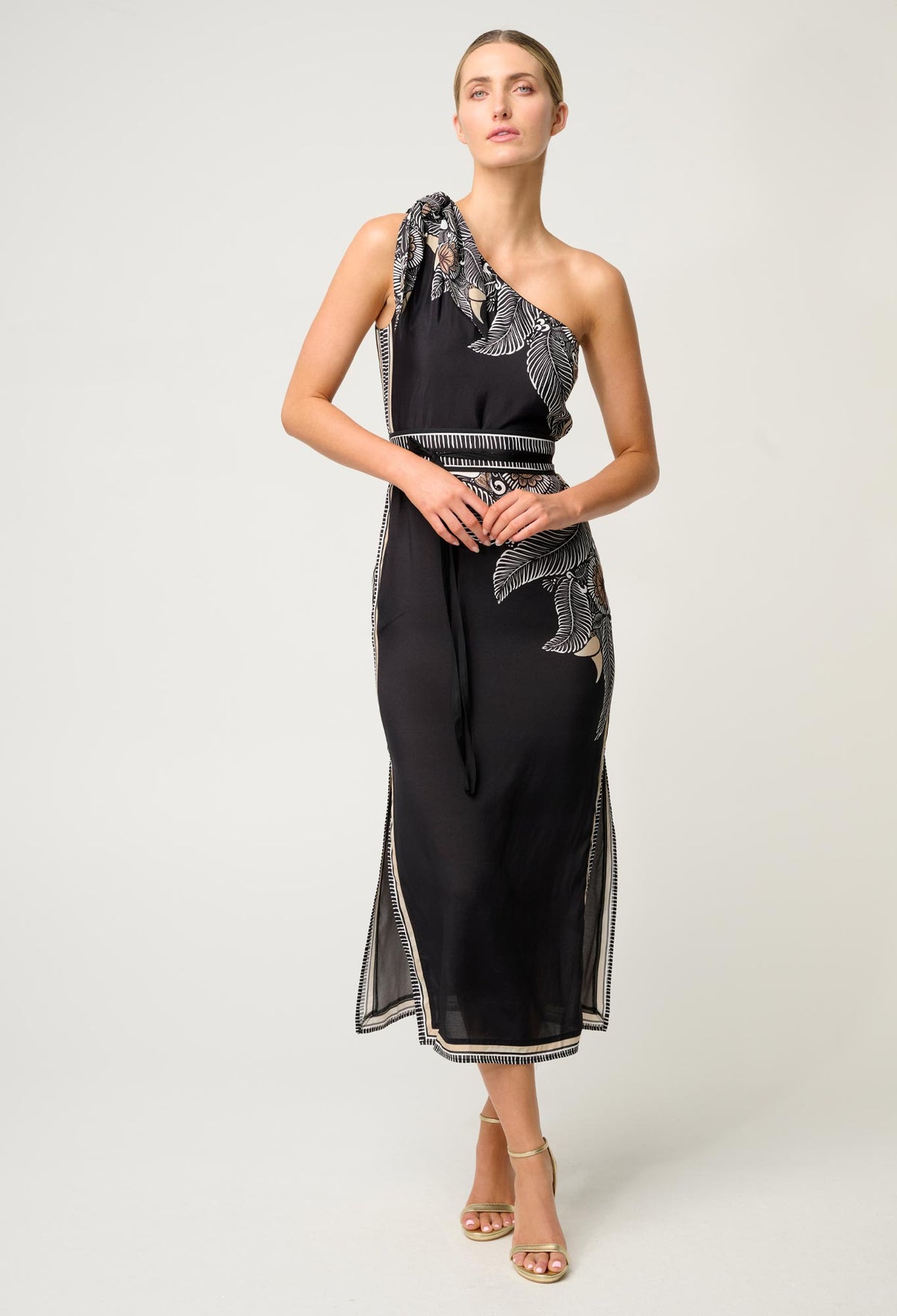 Once Was - Amira One Shoulder Linen Viscose Dress in Onyx Casablanca