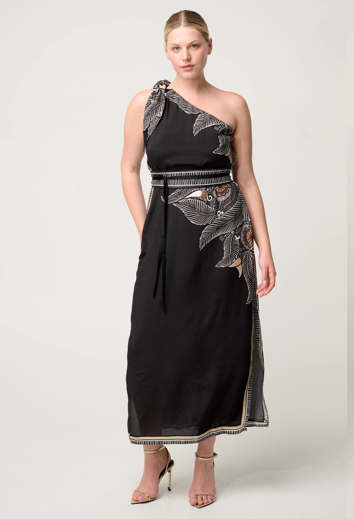 Once Was - Amira One Shoulder Linen Viscose Dress in Onyx Casablanca