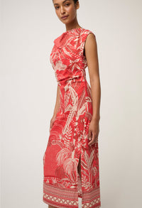 Once Was - Monique Draped Neck Column Dress in Crimson Palms