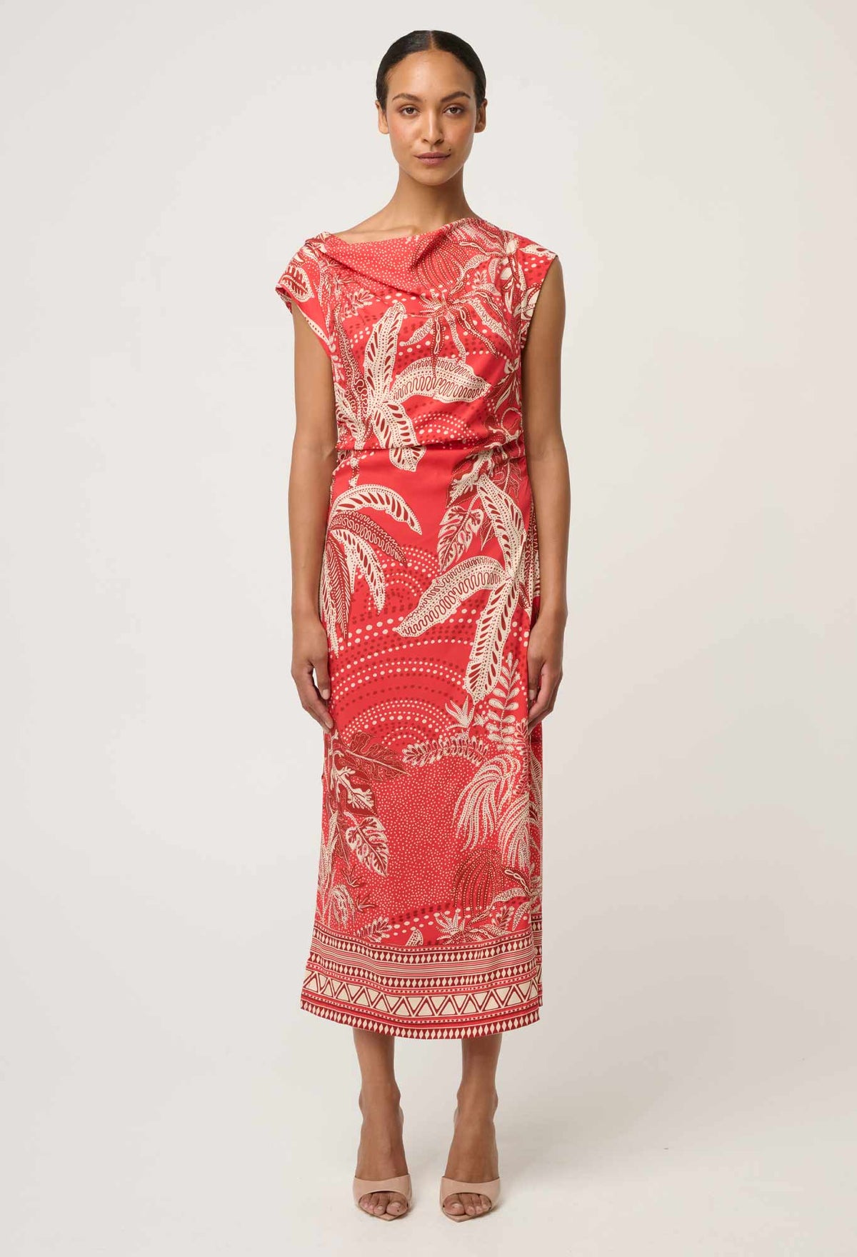 Once Was - Monique Draped Neck Column Dress in Crimson Palms