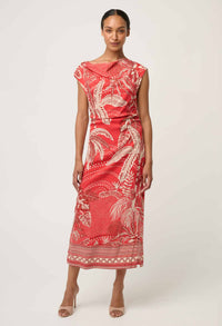 Once Was - Monique Draped Neck Column Dress in Crimson Palms