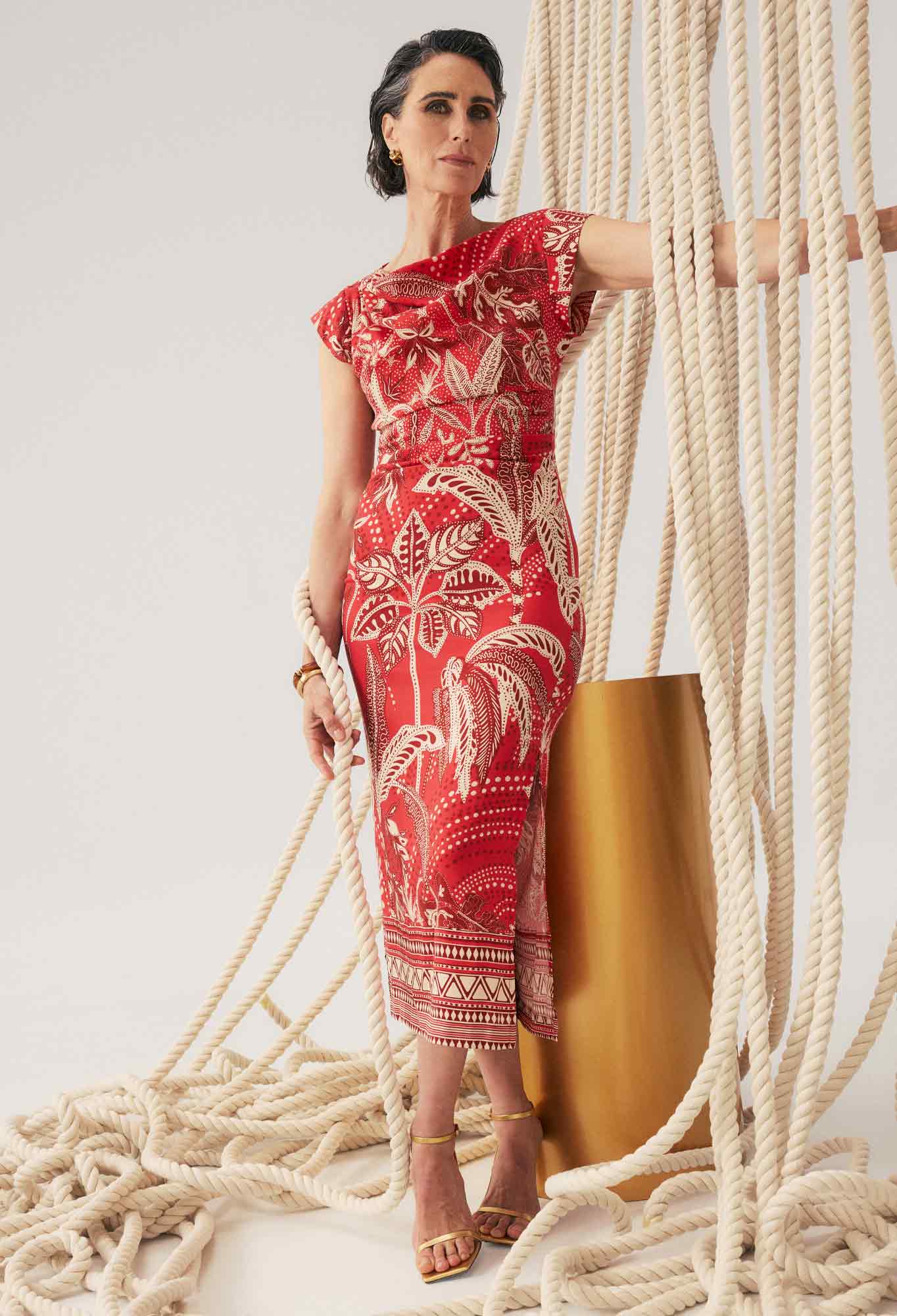 Once Was - Monique Draped Neck Column Dress in Crimson Palms – Zoe