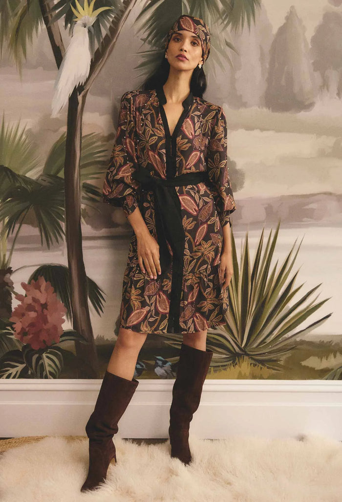 Once Was - Cecilia Pearl Embellished Linen Dress in Dark Tropique: