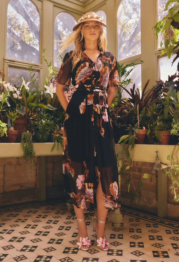 Once Was - Ceres Sheer Viscose Chiffon Dress - Sunset Orchid